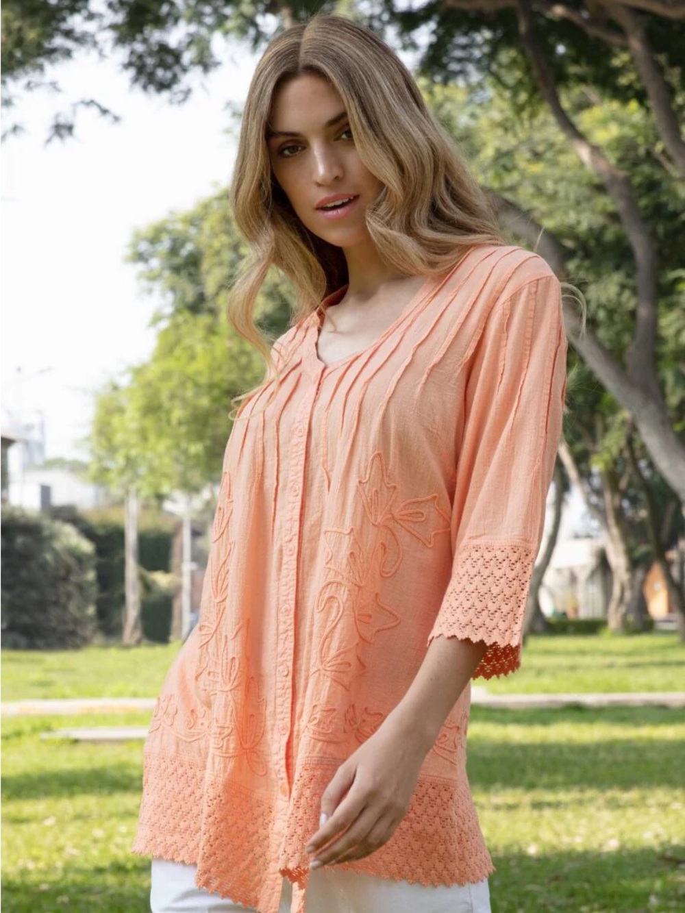 Soft Surroundings Peach Embroidered Tunic Dress Boho Cottagecore SZ M Lagenlook